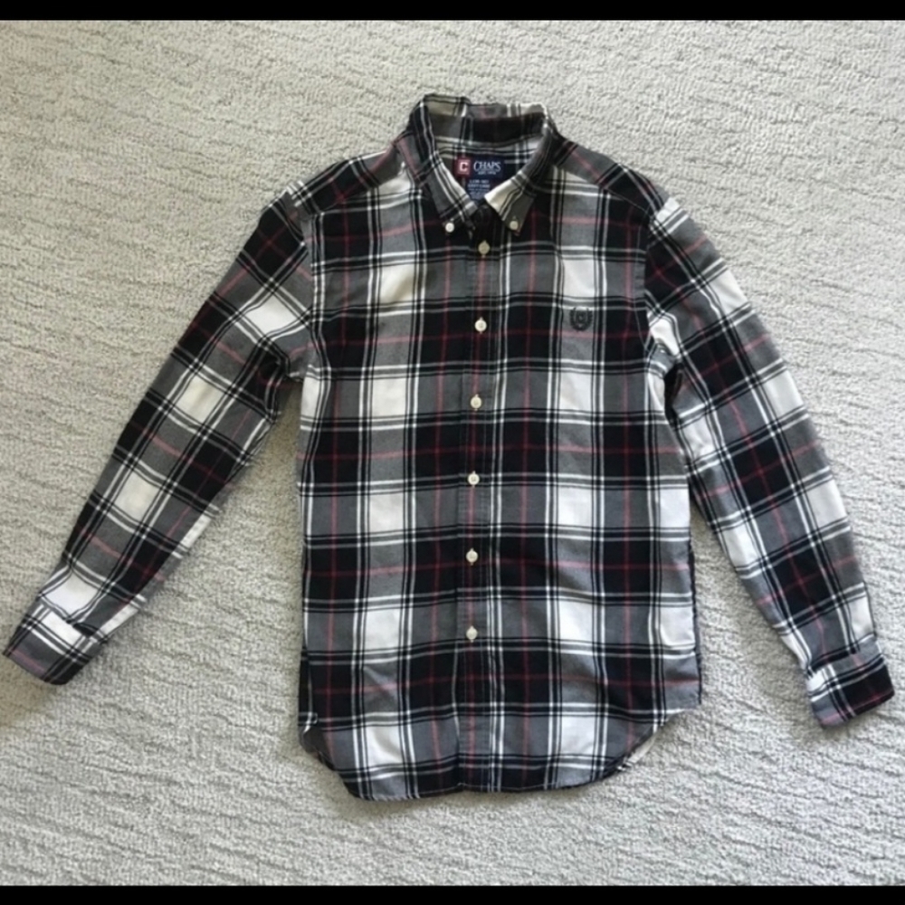 Chaps Plaid Button Down Long Sleeve Collared Shirt Black White Red Boys Small 8